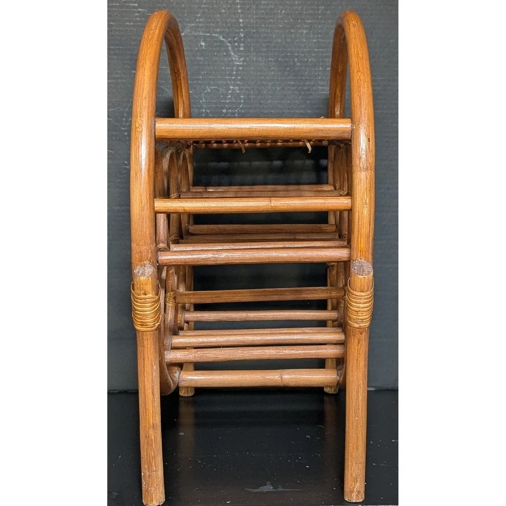 Vintage Bent-Rattan/Bamboo Six Bottle Tabletop Wine Rack With Shelf for Glasses